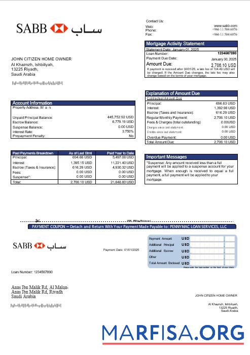 Downloadable Saudi Arabia SABB bank mortgage statement in Word and PDF formats template